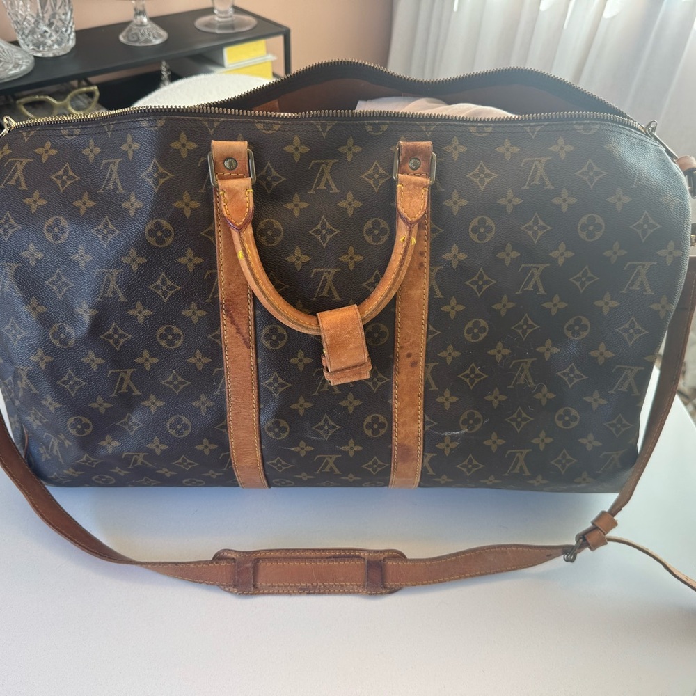 Louis Vuitton vintage large duffel coated canvas and leather Monogram Travel Bag